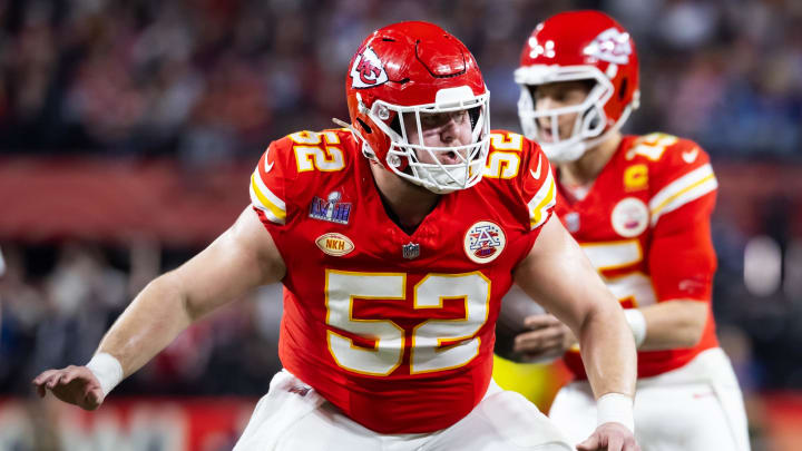 Feb 11, 2024; Paradise, Nevada, USA; Kansas City Chiefs center Creed Humphrey (52) against the San Francisco 49ers in Super Bowl LVIII at Allegiant Stadium. Mandatory Credit: Mark J. Rebilas-USA TODAY Sports