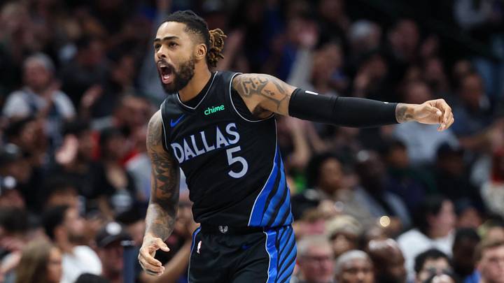 Nov 16, 2025; Dallas, Texas, USA; Dallas Mavericks guard D'Angelo Russell (5) reacts after scoring during the second half against the Portland Trail Blazers at American Airlines Center. Mandatory Credit: Kevin Jairaj-Imagn Images