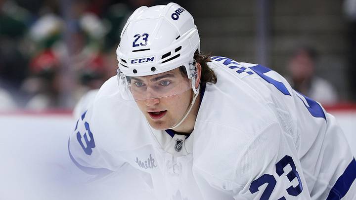 Mar 15, 2026; Saint Paul, Minnesota, USA; Toronto Maple Leafs left wing Matthew Knies (23) prepares for a face-off against the Minnesota Wild during the second period at Grand Casino Arena. Mandatory Credit: Matt Krohn-Imagn Images
