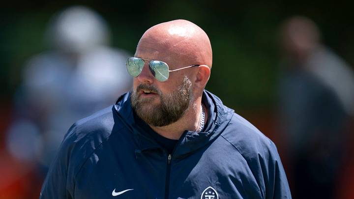 Tennessee Titans offensive coordinator Brian Daboll takes in practice during the Titans Rookie Camp Day 2 at Vanderbilt Health Football Center in Nashville, Tenn., Saturday, May 2, 2026.