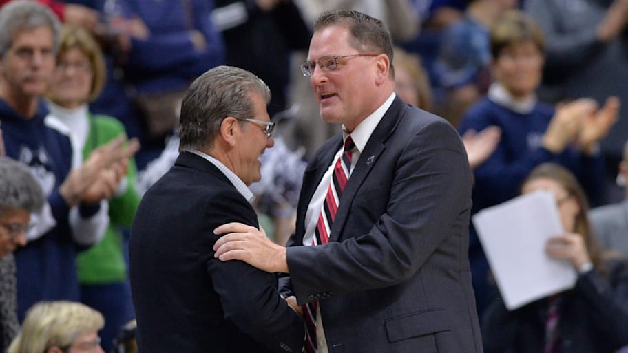 UConn Huskies Head Coach Gino Auriemma and Saint Francis Red Flash Head Coach Joe Haigh