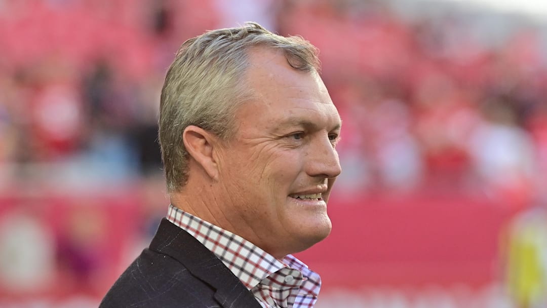 Jan 5, 2025; Glendale, Arizona, USA; San Francisco 49ers general manager John Lynch looks on prior to the game against the Arizona Cardinals at State Farm Stadium. Mandatory Credit: Matt Kartozian-Imagn Images