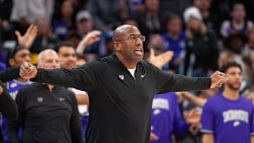 Dec 21, 2024; Sacramento, California, USA; Sacramento Kings head coach Mike Brown calls for a foul during the fourth quarter of the game against the Los Angeles Lakers at Golden 1 Center. Mandatory Credit: Ed Szczepanski-Imagn Images