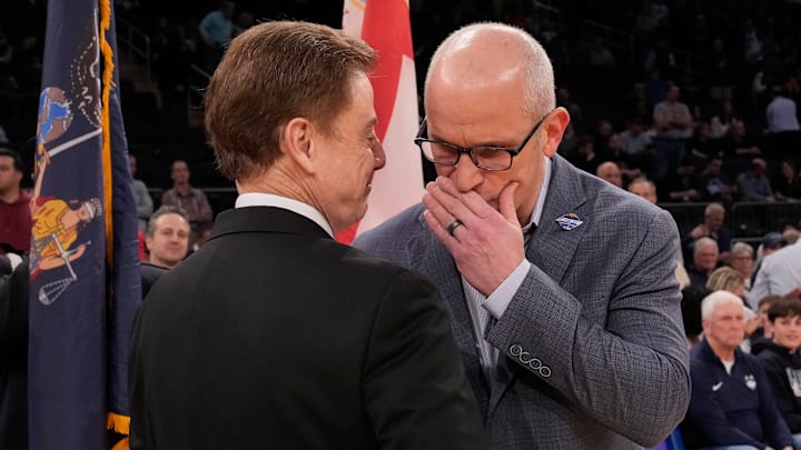 Big East Basketball Tournament - Semifinals; UConn head coach Dan Hurley talks with St. John's basketball head coach Rick Pitino