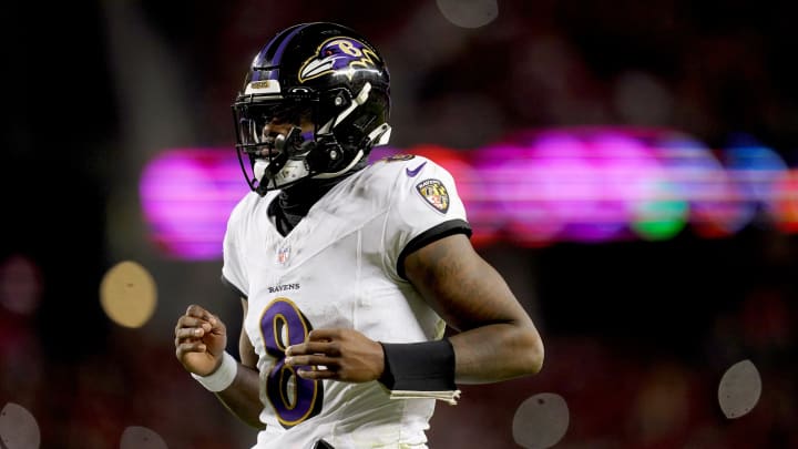 Dec 25, 2023; Santa Clara, California, USA; Baltimore Ravens quarterback Lamar Jackson (8) during timeout against the San Francisco 49ers in the third quarter at Levi's Stadium. Mandatory Credit: Cary Edmondson-USA TODAY Sports