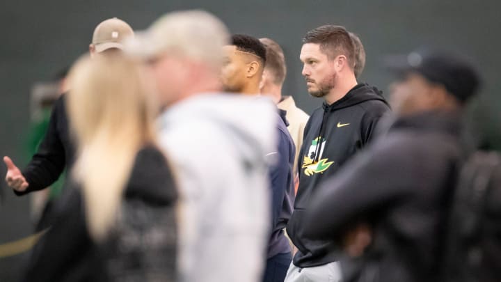 Oregon head coach Dan Lanning watches drills during Oregon Pro Day Tuesday, March 12, 2024 at the Moshofsky Center in Eugene, Ore.