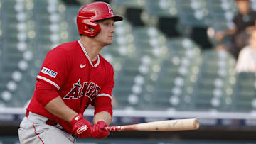 Jul 27, 2023; Detroit, Michigan, USA;  Los Angeles Angels catcher Matt Thaiss (21) hits a two-RBI