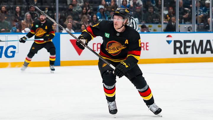 Apr 7, 2026; Vancouver, British Columbia, CAN; Vancouver Canucks forward Brock Boeser (6) skates against the Vegas Golden Knights in the second period at Rogers Arena. Mandatory Credit: Bob Frid-Imagn Images