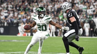 Nov 12, 2023; Paradise, Nevada, USA; New York Jets running back Breece Hall (20) is defended by Las