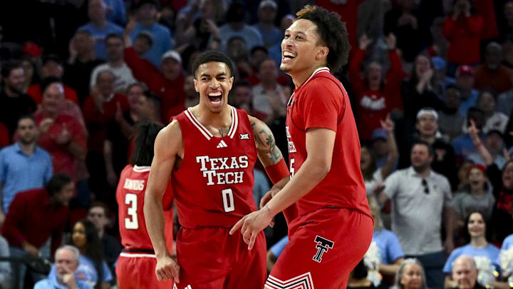 Feb 1, 2025; Houston, Texas, USA; Texas Tech Red Raiders guard Chance McMillian (0) and forward Darrion Williams (5) react during the first half against the Houston Cougars at Fertitta Center. Mandatory Credit: Maria Lysaker-Imagn Images 