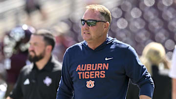 Sep 27, 2025; College Station, Texas, USA; Auburn Tigers head coach Hugh Freeze stands on the field prior to the game against the Texas A&M Aggies at Kyle Field. Mandatory Credit: Maria Lysaker-Imagn Images 