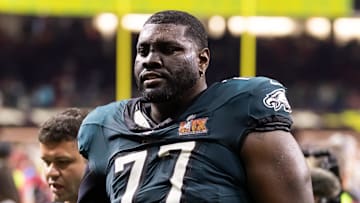 Feb 9, 2025; New Orleans, LA, USA; Philadelphia Eagles  offensive tackle Mekhi Becton (77) against the Kansas City Chiefs during Super Bowl LIX at Ceasars Superdome. Mandatory Credit: Mark J. Rebilas-Imagn Images