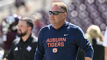 Sep 27, 2025; College Station, Texas, USA; Auburn Tigers head coach Hugh Freeze stands on the field prior to the game against the Texas A&M Aggies at Kyle Field. 