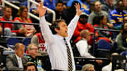 Georgia Tech Yellow Jackets head coach Josh Pastner reacts against the Pittsburgh Panthers during the first half of the second round of the ACC tournament at Greensboro Coliseum. Mandatory Credit: John David Mercer-Imagn Images