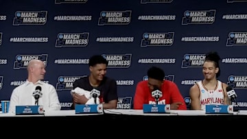 Maryland Coach Kevin Willard, plus Julian Reese, Derik Queen, and Rodney Rice on March 23, 2025.