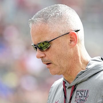 Sep 14, 2024; Tallahassee, Florida, USA; Florida State Seminoles head coach Mike Norvell before a game against the Memphis Tigers at Doak S. Campbell Stadium. Mandatory Credit: Melina Myers-Imagn Images