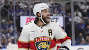 May 18, 2025; Toronto, Ontario, CAN; Florida Panthers defenseman Aaron Ekblad (5) calls out to teammates during the third period of game seven of the second round of the 2025 Stanley Cup Playoffs against the Toronto Maple Leafs at Scotiabank Arena. Mandatory Credit: John E. Sokolowski-Imagn Images
