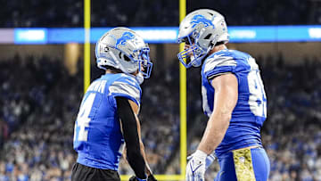 Nov 17, 2024; Detroit, MI, USA; Detroit Lions tight end Brock Wright (89) celebrates a touchdown against Jacksonville Jaguars with wide receiver Amon-Ra St. Brown (14) during the second half at Ford Field in Detroit on Sunday, Nov. 17, 2024. Mandatory Credit: Junfu Han/USA TODAY Network via Imagn Images 