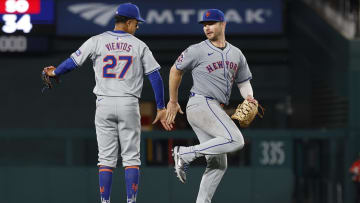 Jun 4, 2024; Washington, District of Columbia, USA; New York Mets third base Mark Vientos (27) celebrates with Mets first base Pete Alonso (20) after their game against the Washington Nationals at Nationals Park.
