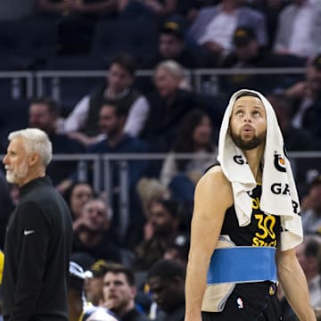 Mar 20, 2025; San Francisco, California, USA; Golden State Warriors guard Stephen Curry (30) watches a replay during a review of call during the first quarter against the Toronto Raptors at Chase Center. Mandatory Credit: John Hefti-Imagn Images