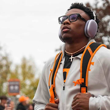 Tennessee defensive back Colton Hood (8) at the Vol Walk before a NCAA football game between the Tennessee Volunteers and Oklahoma Sooners at Neyland Stadium in Knoxville, Tenn., on November 1, 2025.