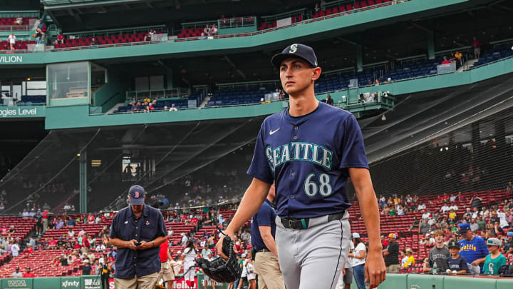 Seattle Mariners starting pitcher George Kirby (68) walks to the bullpen before the start of the game against the Boston Red Sox at Fenway Park on July 31.