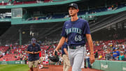 Seattle Mariners starting pitcher George Kirby (68) walks to the bullpen before the start of the game against the Boston Red Sox at Fenway Park on July 31.