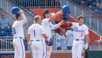 Florida infielder Colby Shelton (10) with a three run homer in the bottom of the third against Kentucky, Friday, May 10, 2024, at Condron Family Ballpark in Gainesville, Florida. The Gators lost 12-11 in extra innings. [Cyndi Chambers/ Gainesville Sun] 2024