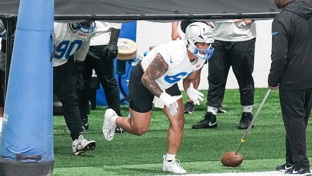 Detroit Lions defensive end Ahmed Hassanein (61) practices during OTA at Meijer Performance Center in Allen Park on Thursday, June 5, 2025. Detroit Lions defensive end Ahmed Hassanein (61) practices during OTA at Meijer Performance Center in Allen Park on Thursday, June 5, 2025.