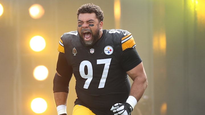 Nov 17, 2024; Pittsburgh, Pennsylvania, USA;  Pittsburgh Steelers defensive tackle Cameron Heyward (97) reacts as he takes the field against the Baltimore Ravens at Acrisure Stadium. Mandatory Credit: Charles LeClaire-Imagn Images