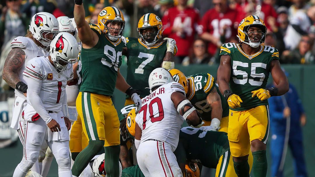 Green Bay Packers defensive end Kingsley Enagbare (55) celebrates after the Packers recover a fumble against the Arizona Cardinals on Sunday, October 13, 2024, at Lambeau Field in Green Bay, Wis. The Packers won the game, 34-13
Tork Mason/USA TODAY NETWORK-Wisconsin