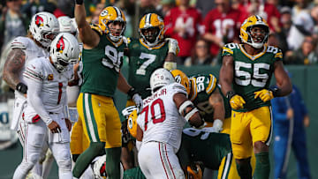 Green Bay Packers defensive end Kingsley Enagbare (55) celebrates after the Packers recover a fumble against the Arizona Cardinals on Sunday, October 13, 2024, at Lambeau Field in Green Bay, Wis. The Packers won the game, 34-13
Tork Mason/USA TODAY NETWORK-Wisconsin