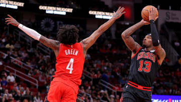 Mar 21, 2024; Houston, Texas, USA; Chicago Bulls forward Torrey Craig (13) shoots outside against Houston Rockets guard Jalen Green (4) : Erik Williams-USA TODAY Sports