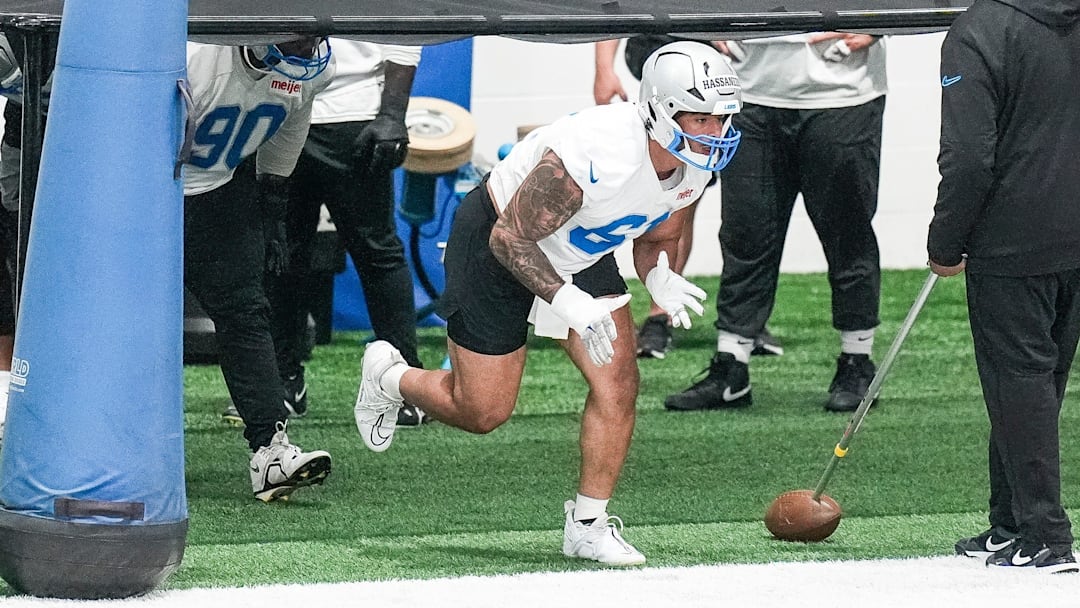 Detroit Lions defensive end Ahmed Hassanein (61) practices during OTA at Meijer Performance Center in Allen Park on Thursday, June 5, 2025.