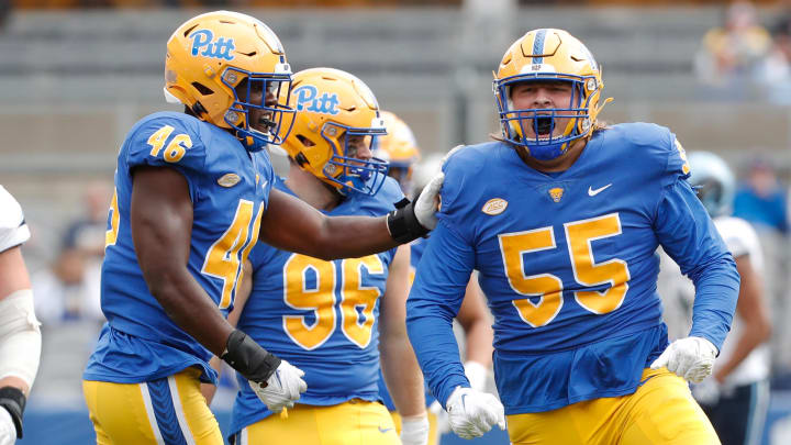 Sep 24, 2022; Pittsburgh, Pennsylvania, USA;  Pittsburgh Panthers defensive lineman Sean FitzSimmons (55) celebrates his sack with fellow defensive linemen Sam Williams (46) and Chris Maloney (96) against at Acrisure Stadium. Mandatory Credit: Charles LeClaire-USA TODAY Sports