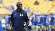 Aug 31, 2024; Pittsburgh, Pennsylvania, USA;  Kent State Golden Flashes head coach Kenni Burns looks on against the Pittsburgh Panthers at Acrisure Stadium. Mandatory Credit: Charles LeClaire-Imagn Images