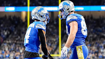 Detroit Lions tight end Brock Wright (89) celebrates a touchdown against Jacksonville Jaguars with wide receiver Amon-Ra St. Brown (14) during the second half at Ford Field in Detroit on Sunday, Nov. 17, 2024.
