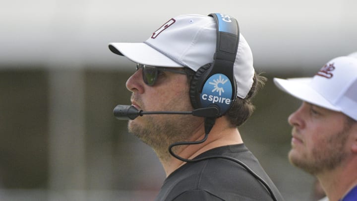 Mississippi State Bulldogs head coach Jeff Lebby watches a play during the first quarter against the Massachusetts Minutemen at Davis Wade Stadium at Scott Field.