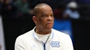Mar 17, 2025; Dayton, OH, USA; North Carolina Tar Heels head coach Hubert Davis looks on during the First Four Practice at UD Arena. 
