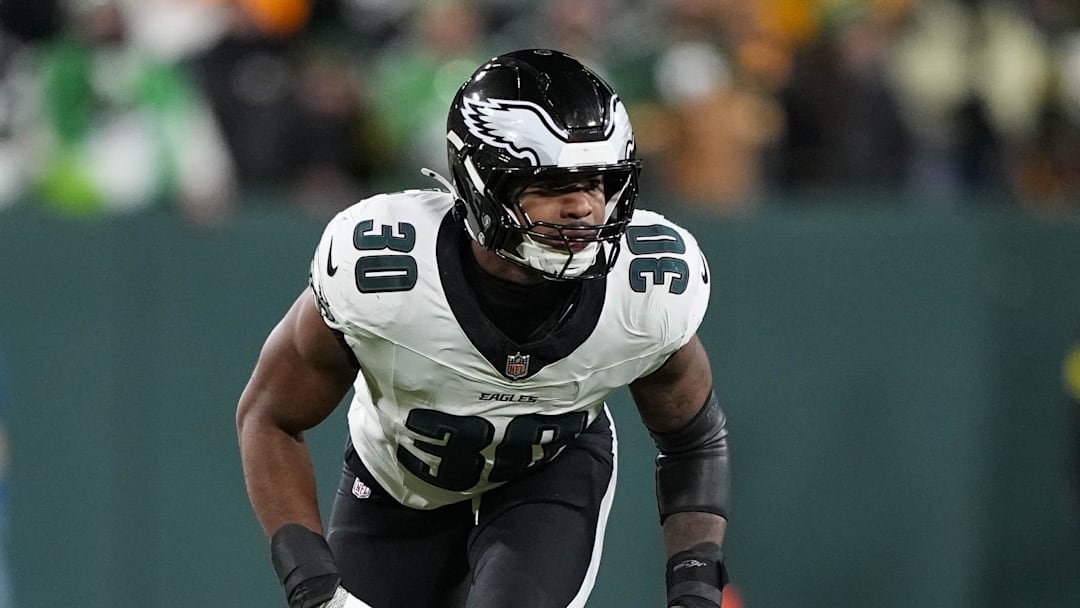 Nov 10, 2025; Green Bay, Wisconsin, USA;  Philadelphia Eagles linebacker Jihaad Campbell (30) during the game against the Green Bay Packers at Lambeau Field. Mandatory Credit: Jeff Hanisch-Imagn Images
