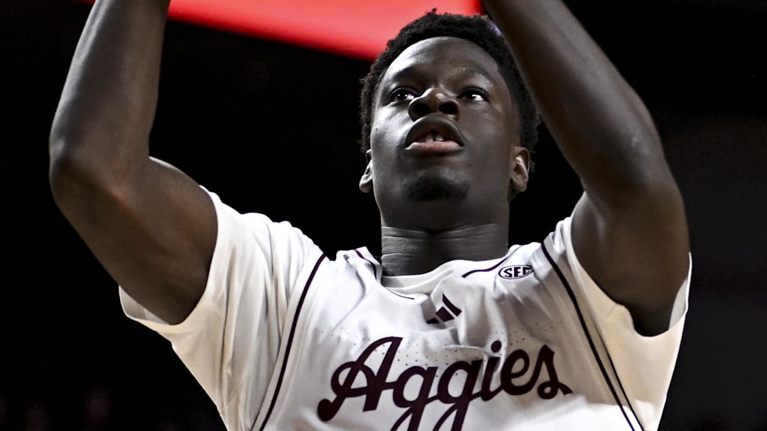 Jan 10, 2026; College Station, Texas, USA; Texas A&M Aggies guard Ali Dibba (6) shoots the ball during the first half against the Oklahoma Sooners at Reed Arena. Mandatory Credit: Maria Lysaker-Imagn Images 