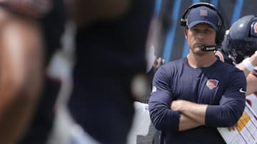 Chicago Bears head coach Ben Johnson on the sidelines against the Miami Dolphins during the first half at Soldier Field.