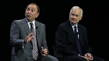 Sep 9, 2015; Toronto, Ontario, Canada; NHL commissioner Gary Bettman and NHLPA executive director Donald Fehr appear on stage together during a press conference and media event for the 2016 World Cup of Hockey at Air Canada Centre. Mandatory Credit: Tom Szczerbowski-Imagn Images