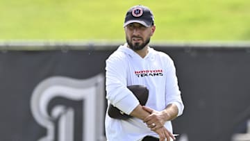 Jun 10, 2025; Houston, TX, USA; Houston Texans offensive coordinator Nick Caley looks on during an NFL football minicamp at NRG Stadium. Mandatory Credit: Maria Lysaker-Imagn Images 