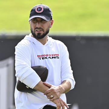 Jun 10, 2025; Houston, TX, USA; Houston Texans offensive coordinator Nick Caley looks on during an NFL football minicamp at NRG Stadium. Mandatory Credit: Maria Lysaker-Imagn Images 