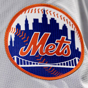May 15, 2024; Philadelphia, Pennsylvania, USA; New York Mets logo on the sleeve of J.D. Martinez during a game against the Philadelphia Phillies at Citizens Bank Park. Mandatory Credit: Bill Streicher-Imagn Images