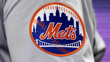 May 15, 2024; Philadelphia, Pennsylvania, USA; New York Mets logo on the sleeve of J.D. Martinez during a game against the Philadelphia Phillies at Citizens Bank Park. Mandatory Credit: Bill Streicher-Imagn Images