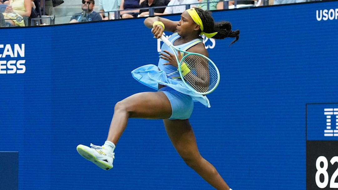 Coco Gauff (USA) hits to Emma Navarro (USA) on day seven of the 2024 U.S. Open tennis tournament.