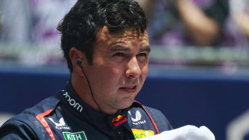 May 4, 2024; Miami Gardens, Florida, USA; Red Bull Racing driver Sergio Perez (11) reacts on the grid after the F1 Sprint Race at Miami International Autodrome. Mandatory Credit: John David Mercer-USA TODAY Sports