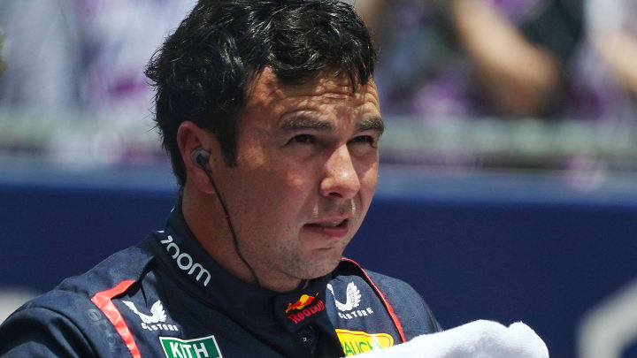 May 4, 2024; Miami Gardens, Florida, USA; Red Bull Racing driver Sergio Perez (11) reacts on the grid after the F1 Sprint Race at Miami International Autodrome. Mandatory Credit: John David Mercer-USA TODAY Sports